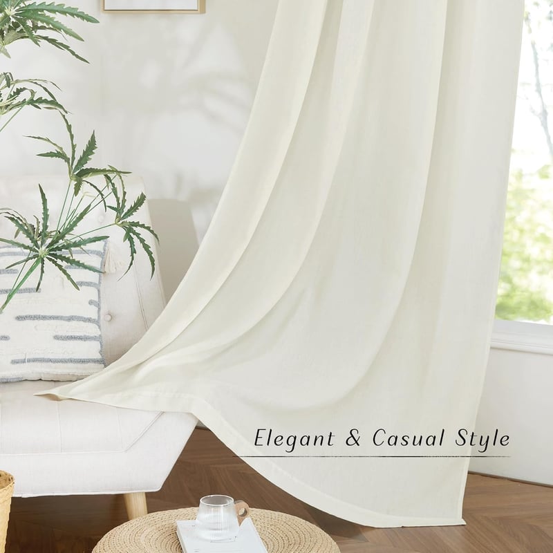 PONY DANCE Draperii din in cu bride – Semitransparente, alb fildeș, pentru șină, 260x300 cm, cu bandă plisată, pentru living, dormitor, bucătărie