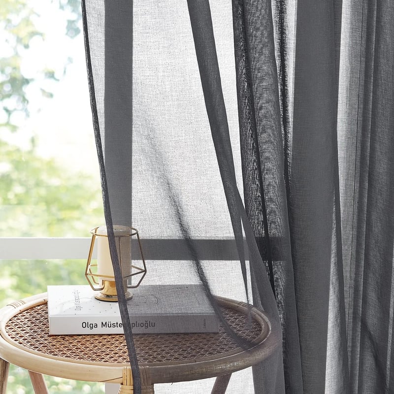 PONY DANCE Linen hatású függöny szürke, 2 darabos szett, 160x140 cm, karikás ablakfüggöny - H160 x B140 cm (2er Pack), 2, Darkgray
