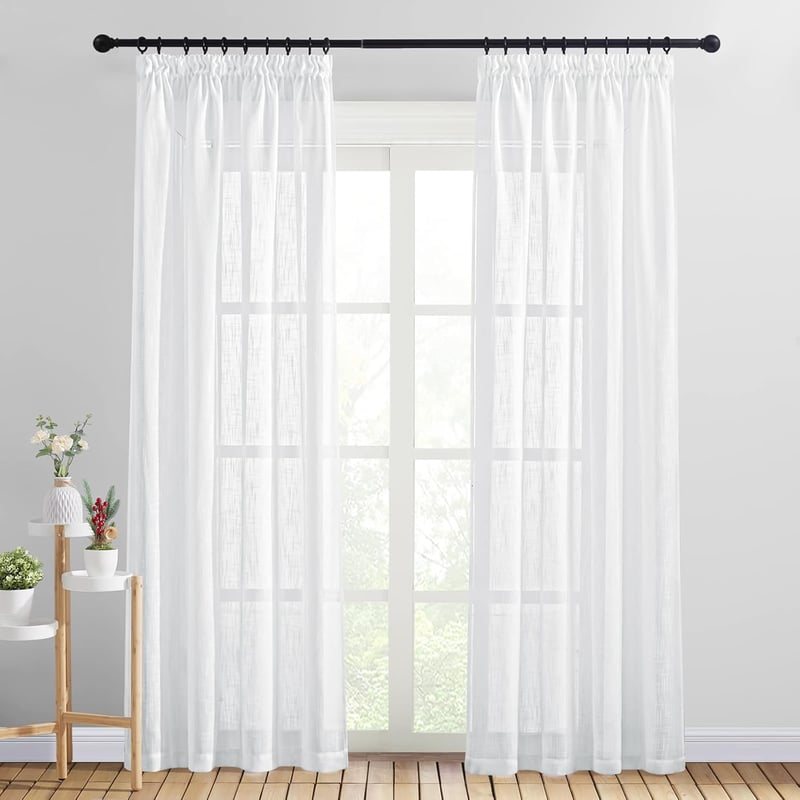 PONY DANCE Voile Függöny 2 db Nappali Szobába, 220x140 cm, Len Hatású Átlátszó Fényáteresztő Függöny Ráncoló Szalaggal, Erkélyajtó Fehér