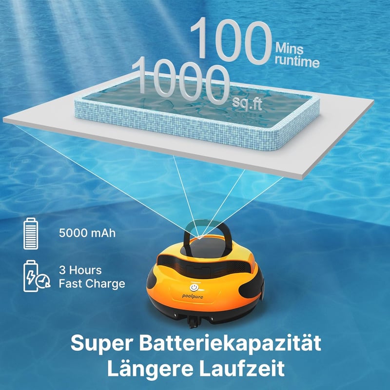 POOLPURE 2025 Medence Takarító Robot, 100 Perc Üzemidő, Kettős Motor, LED Kijelző, Önparkoló Funkció - yellow