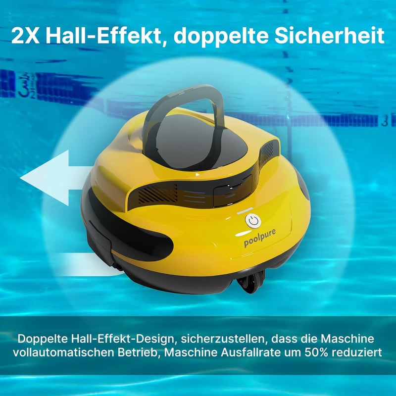 POOLPURE 2025 Medence Takarító Robot, 100 Perc Üzemidő, Kettős Motor, LED Kijelző, Önparkoló Funkció - yellow
