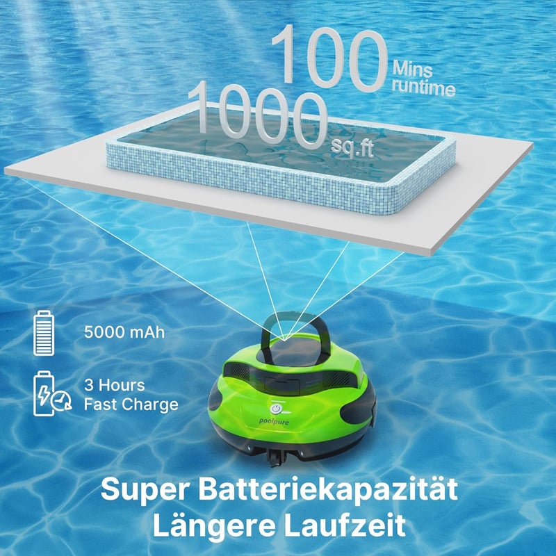 POOLPURE Medence Takarító Robot, 100 Perc Üzemidő, Dupla Motor, IPX8 Vízálló