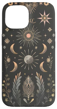 Husă iPhone 15 PopTrend Designs cu Model Celestial Soare, Lună și Stele, Husă de Protecție Elegantă de Culoare Neagră 1