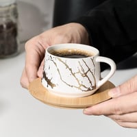 PORCER 6×130ml kerámia kávécsészék fa alátéttel és arany fém tartóval 6