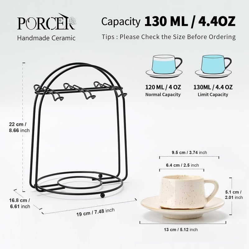 PORCER 6×130ml Kerámia Kávéscsésze Csészealátéttel és Fém Állvánnyal