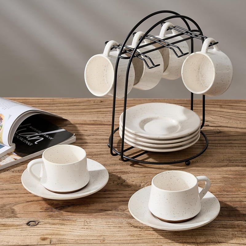 PORCER 6×130ml Kerámia Kávéscsésze Csészealátéttel és Fém Állvánnyal