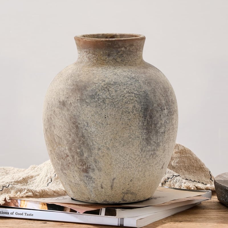 PORCER Vază de flori rustică din ceramică 15,2 cm, stil boem, decorațiune din teracotă pentru living, raft, șemineu, stil farmhouse, gri