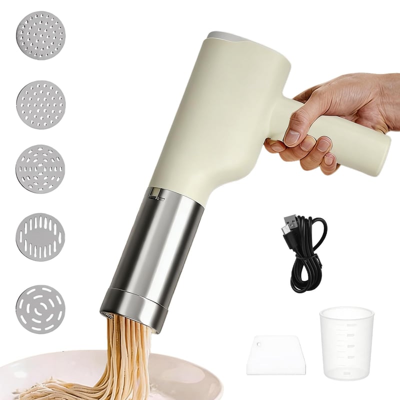 Aparat electric pentru făcut paste PORFOYO, manual, portabil, fără fir, automat, reîncărcabil, cu 5 discuri pentru paste, aparat pentru spaghete, alb