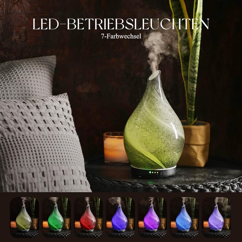 Porseme Aroma Diffúzor 280ml - Kézzel Fújt Üveg Párologtató Illóolajokhoz, Ultrahangos Hideg Párásító, 7 LED Színnel, Automatikus Kikapcsolá