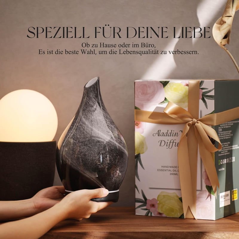 Porseme Aroma Diffúzor 280ml - Kézzel Fújt Üveg Párologtató Illóolajokhoz, Ultrahangos Hideg Párásító, 7 LED Színnel, Automatikus Kikapcsolá