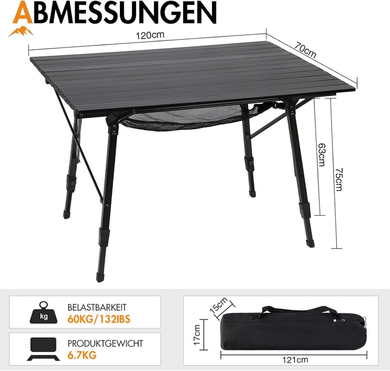Portal Összecsukható Camping Asztal 120x70cm, Magasságállítható Alumínium