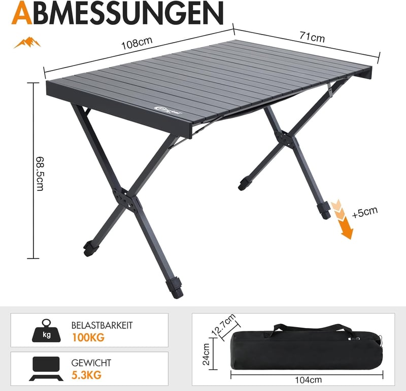 PORTAL Összecsukható Kemping Asztal - Állítható Magasságú Alumínium Kempingasztal 108x71 cm, Könnyű Hordozható Piknik Asztal Kiránduláshoz - Black