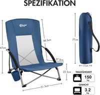 Portal Összecsukható Kempingszék Szett - 2 db Magas Háttámlás Strandszék Pohártartóval, Könnyű Hordozható, 180kg Teherbírású, Sötétkék 3