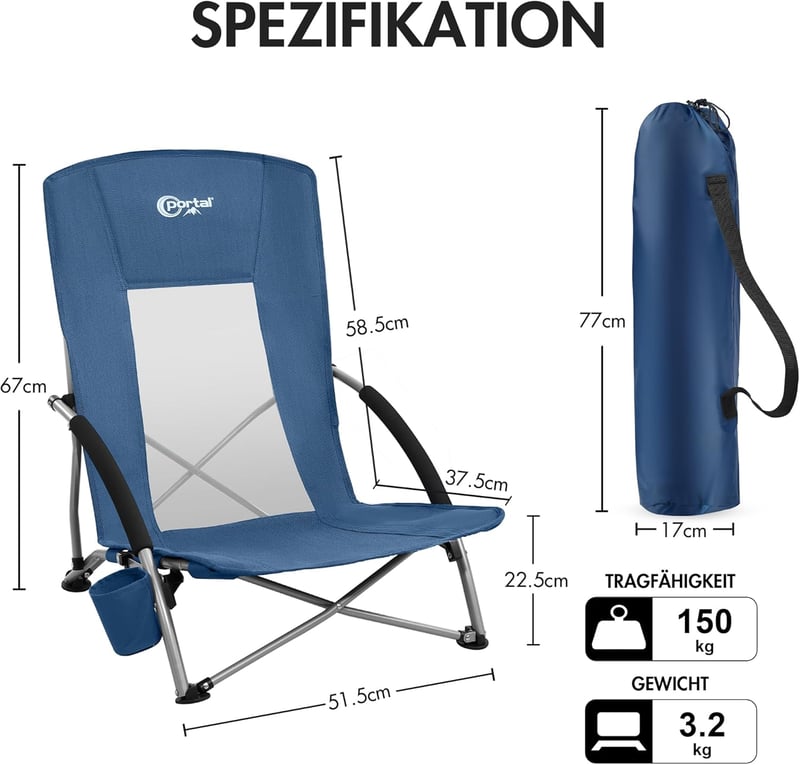 Portal Összecsukható Kempingszék Szett - 2 db Magas Háttámlás Strandszék Pohártartóval, Könnyű Hordozható, 180kg Teherbírású, Sötétkék