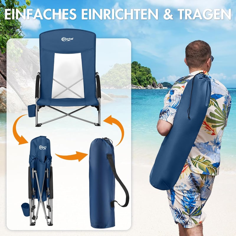 Portal Összecsukható Kempingszék Szett - 2 db Magas Háttámlás Strandszék Pohártartóval, Könnyű Hordozható, 180kg Teherbírású, Sötétkék