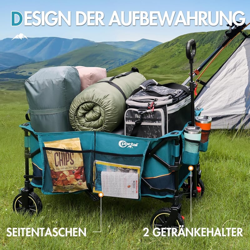 Portal XXL Összecsukható Kézikocsi - 120 kg Teherbírású Kerti Szállítókocsi Italtartóval és Oldaltáskával, Kempinghez, Strandra, Bevásárlásh