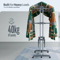 Štvorposchodový sušiak na bielizeň PORTENTUM s 24 sušiacimi tyčami – nosnosť 40 kg – s kolieskami a brzdou, 2 držiakmi na ponožky a 2 bočnými krídlami – sivý 4