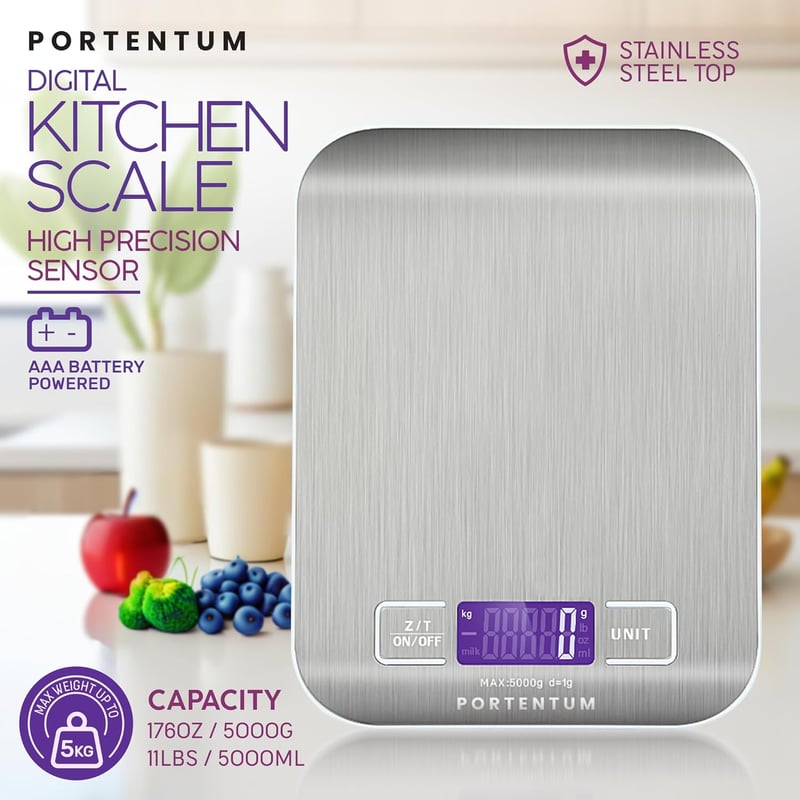 PORTENTUM digitális konyhai mérleg 5kg, nagy LCD kijelző, rozsdamentes acél, 1g pontosság