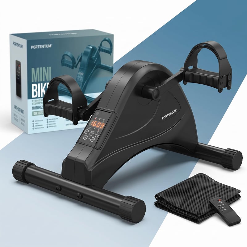 Aparat de Pedalat Electric PORTENTUM pentru Vârstnici – 12 Viteze, Telecomandă, Ecran LCD – Mini Bicicletă Compactă pentru Picioare și Mâini, cu Covoraș Antiderapant