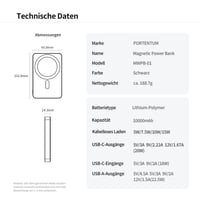 PORTENTUM MagSafe Powerbank 10000mAh Ultra-tenký 14mm – Magnetická powerbanka 22,5W PD QC rýchlonabíjanie, Qi 15W bezdrôtové nabíjanie, USB-C USB-A – kompatibilná s iPhone a Samsung 10