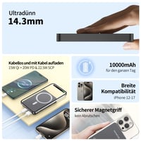 PORTENTUM MagSafe Powerbank 10000mAh Ultra-tenký 14mm – Magnetická powerbanka 22,5W PD QC rýchlonabíjanie, Qi 15W bezdrôtové nabíjanie, USB-C USB-A – kompatibilná s iPhone a Samsung 3