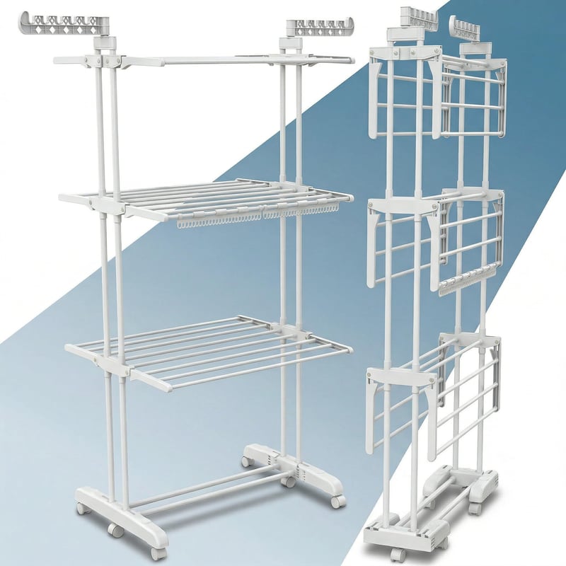 Skladací vežový sušiak na bielizeň PORTENTUM so 4 úrovňami a 24 sušiacimi tyčami – nosnosť 40 kg – s 2 držiakmi na ponožky – na vnútorné aj vonkajšie použitie – kolieska s brzdou