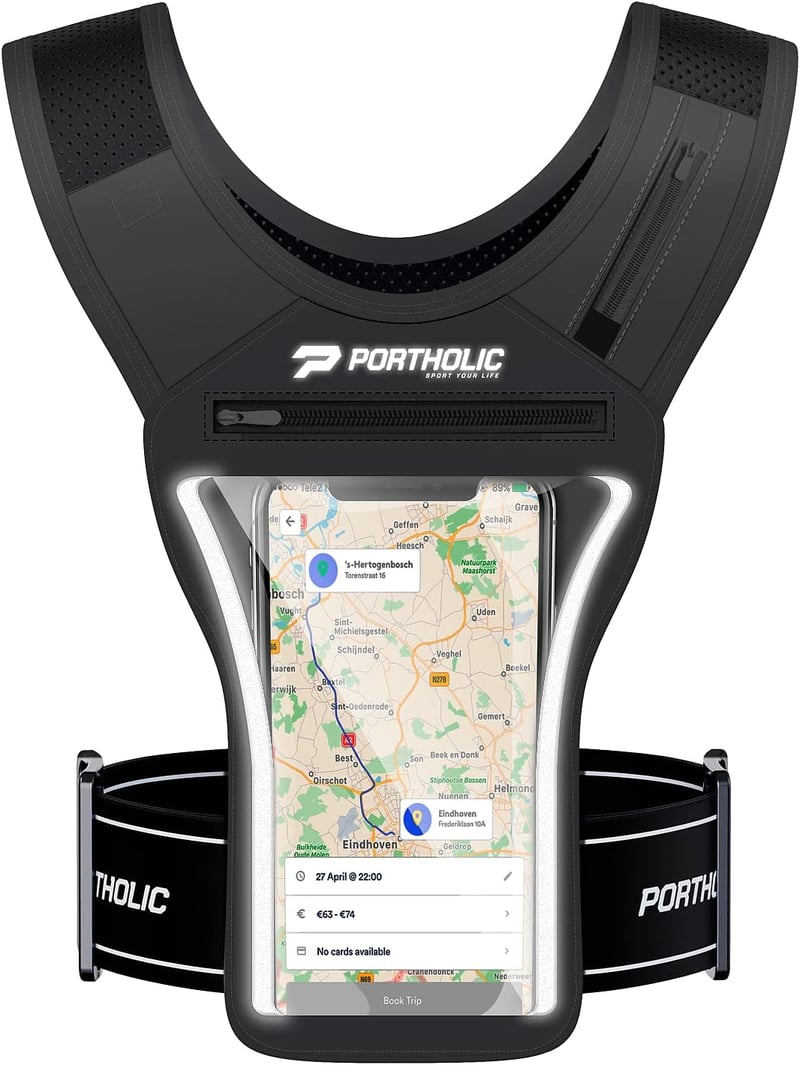 PORTHOLIC Futó Mellény Telefontartóval, Fekete Reflektoros Sportmellény Mobiltelefonhoz, Kocogás Futás Öv L Méret