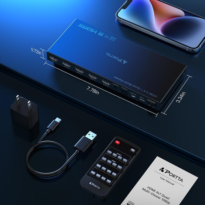 PORTTA 4x1 HDMI Multiviewer Switch 6 Megjelenítési Móddal, PIP Funkcióval, Zökkenőmentes Váltás, 1080p 60Hz, Kompatibilis PS4, Xbox, PC, Kam