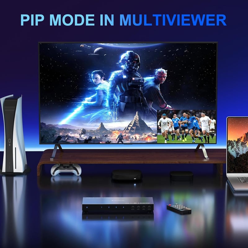 PORTTA 4x1 HDMI Multiviewer Switch 6 Megjelenítési Móddal, PIP Funkcióval, Zökkenőmentes Váltás, 1080p 60Hz, Kompatibilis PS4, Xbox, PC, Kam