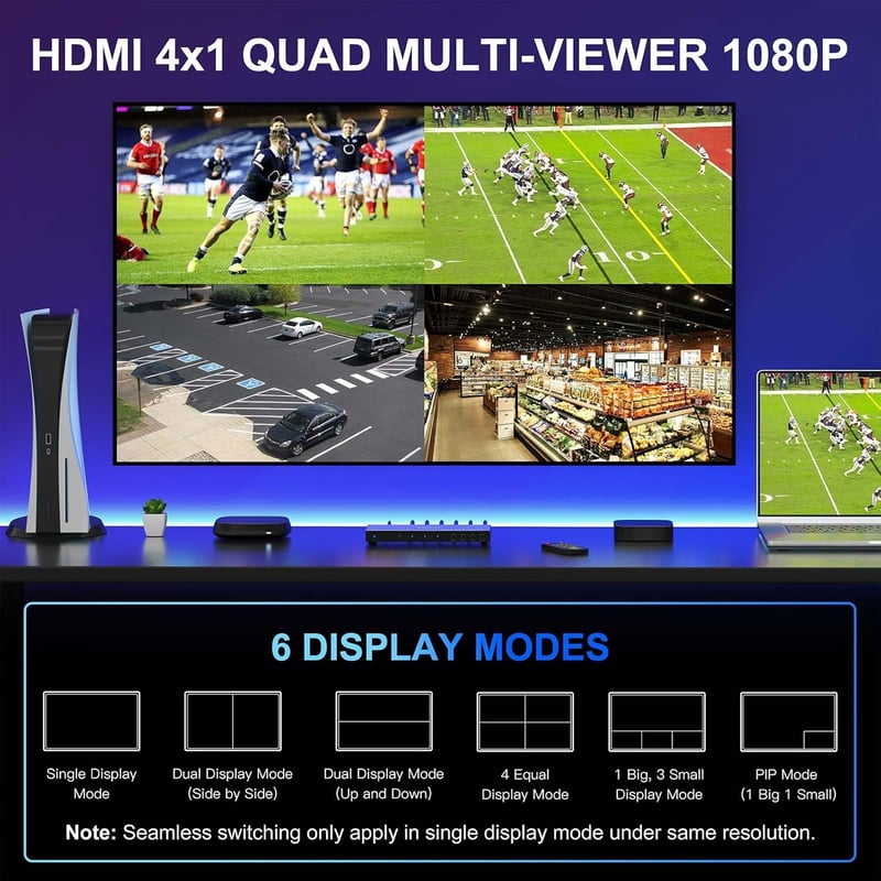 PORTTA 4x1 HDMI Multiviewer Switch 6 Megjelenítési Móddal, PIP Funkcióval, Zökkenőmentes Váltás, 1080p 60Hz, Kompatibilis PS4, Xbox, PC, Kam