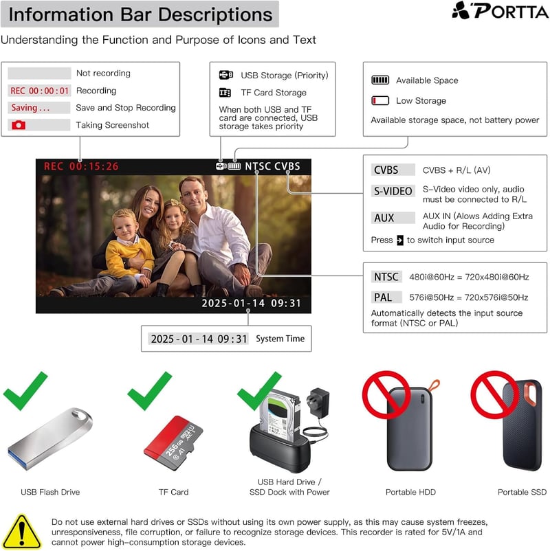 PORTTA VHS Digitalizáló Konverter Távirányítóval, Videó Digitalizálás VCR DVD Hi8 Mini DV Kazetták - VHS to HDMI Converter with Screen