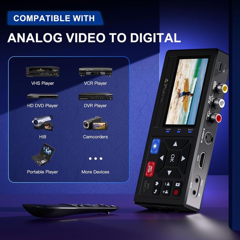 PORTTA VHS Digitalizáló Konverter Távirányítóval, Videó Digitalizálás VCR DVD Hi8 Mini DV Kazetták - VHS to HDMI Converter with Screen