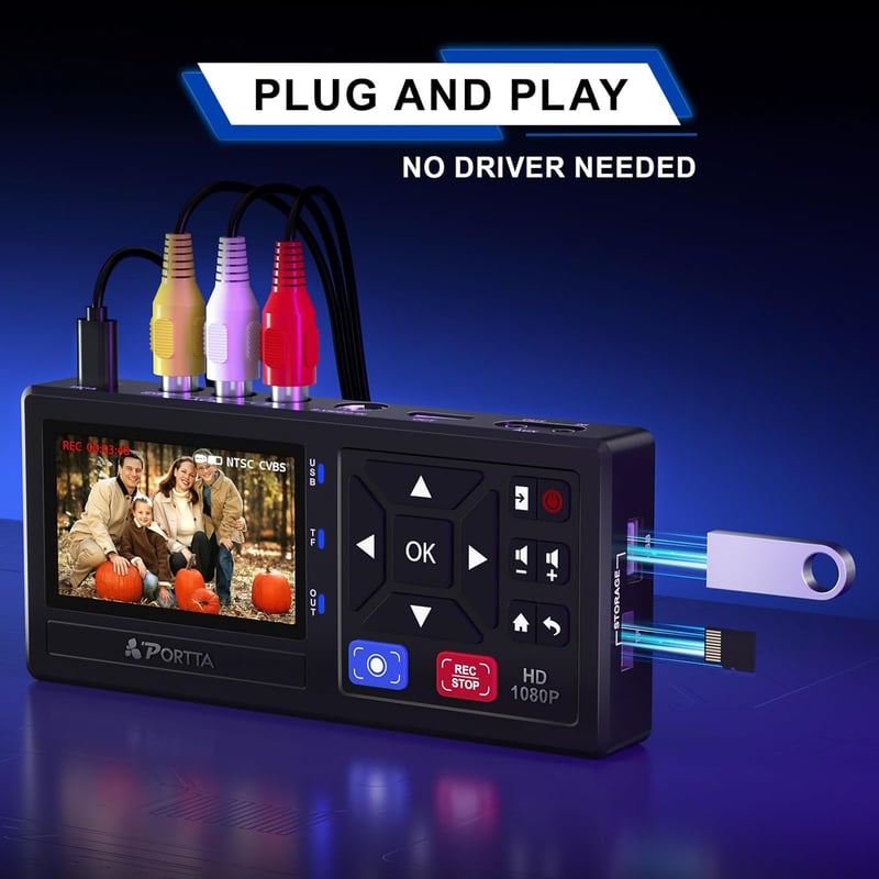 PORTTA VHS Digitalizáló Konverter Távirányítóval, Videó Digitalizálás VCR DVD Hi8 Mini DV Kazetták - VHS to HDMI Converter with Screen