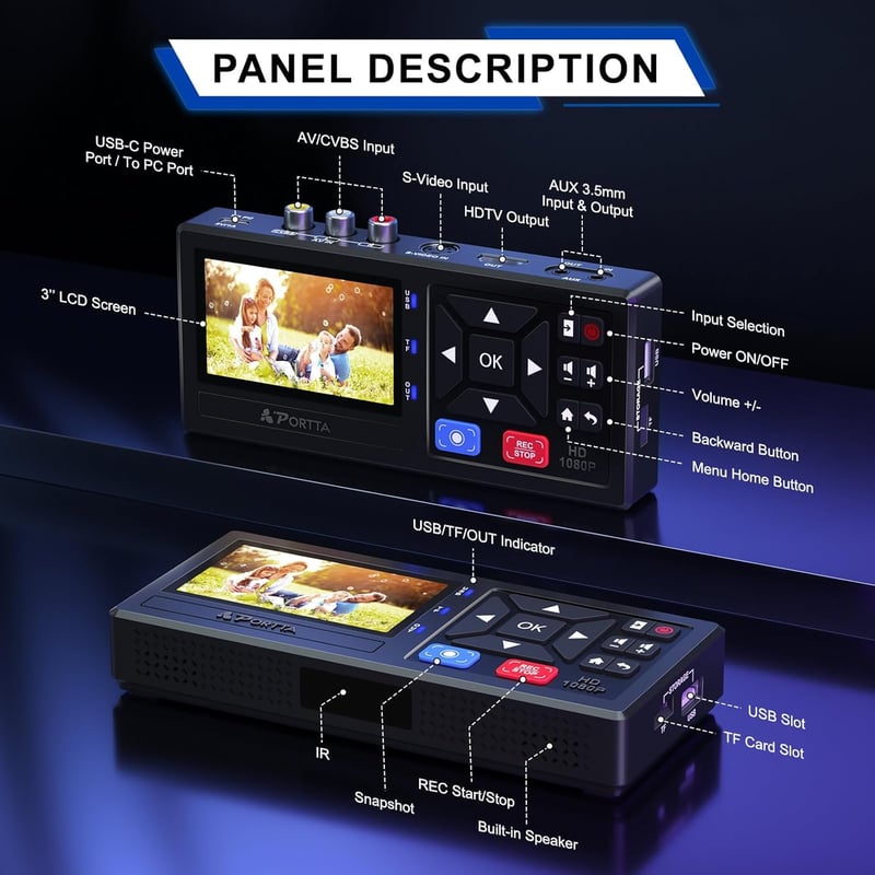 PORTTA VHS Digitalizáló Konverter Távirányítóval, Videó Digitalizálás VCR DVD Hi8 Mini DV Kazetták - VHS to HDMI Converter with Screen
