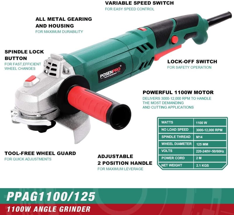 POSENPRO 1100W Sarokcsiszoló 125mm, 3000-12000 rpm, 6 Fokozat