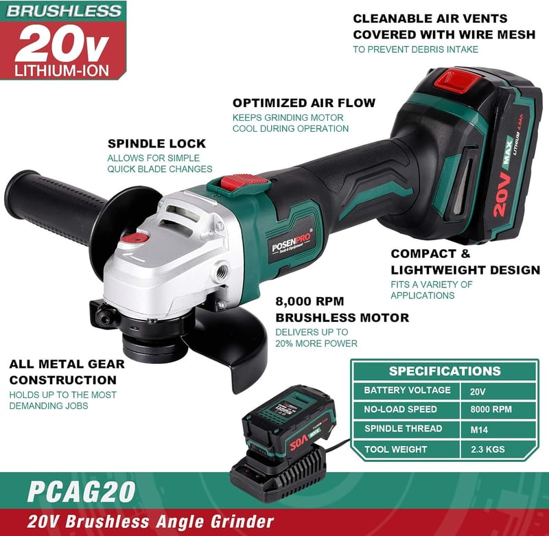 POSENPRO 20V Akkus Sarokcsiszoló 125mm Kefe Nélküli Motor 8000 rpm