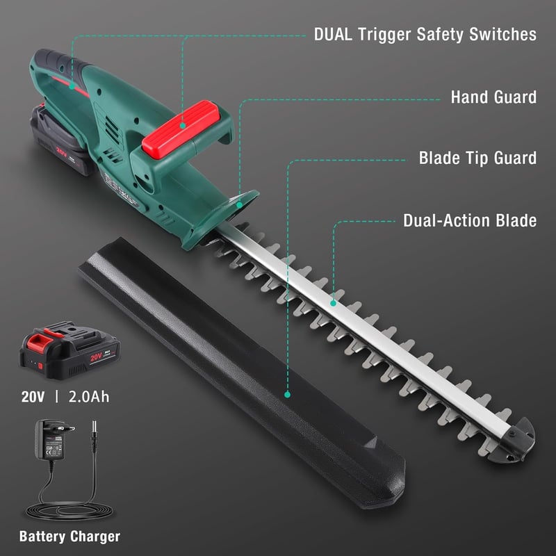 POSENPRO 45 cm akkumulátoros sövényvágó 20V 2.0Ah töltővel, kettős vágólapáttal