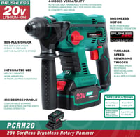 Ciocan rotopercutor combinat cu acumulator POSENPRO SDS-Plus 20V fără perii, funcție 4 în 1, 1.7J, acumulator 4.0Ah și încărcător rapid 2