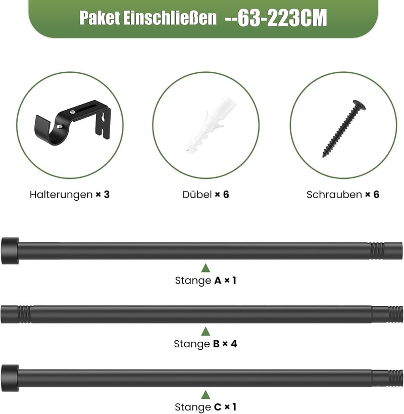 Poskena matt fekete függönykarnis 63-223 cm kihúzható 16 mm, tartókonzolokkal és zárófedéllel ablakhoz nappaliba