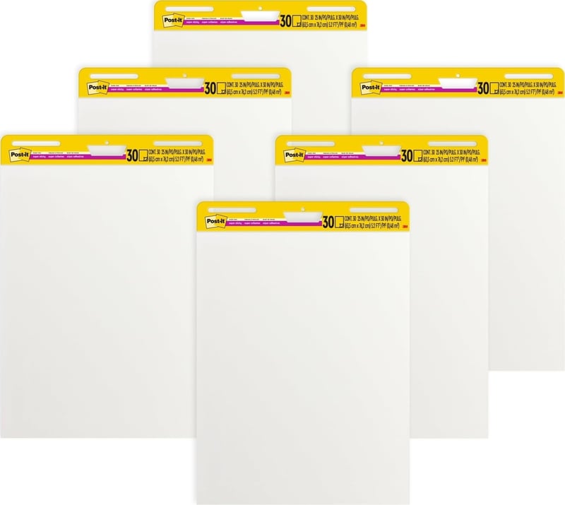 Flipchart papier Post-it Super Sticky, 635x762 mm, biely, 30 listov, balenie 6 ks, opakovane nalepiteľný, pre zasadacie miestnosti a brainstorming