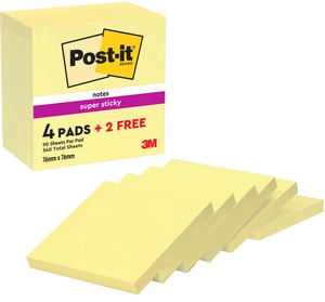 Post-it Super Sticky Notes, set de notițe autoadezive, galben, 76x76 mm, 6 blocuri x 90 file, adeziv puternic, pentru planificare și studiu