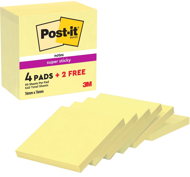 Samolepiace bločky Post-it Super Sticky, žlté, 76x76 mm, 6 bločkov x 90 listov, extra silné lepidlo, ideálne na plánovanie a štúdium