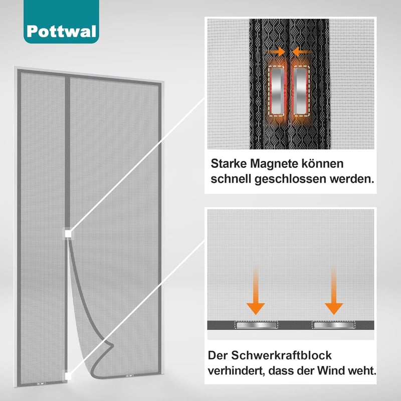Pottwal Mágneses Szúnyogháló Ajtó 70x210cm Automatikus Zárással Szürke