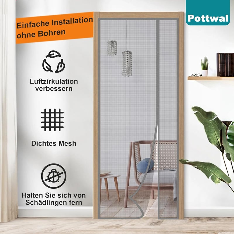Pottwal Mágneses Szúnyogháló Ajtó 70x210cm Automatikus Zárással Szürke