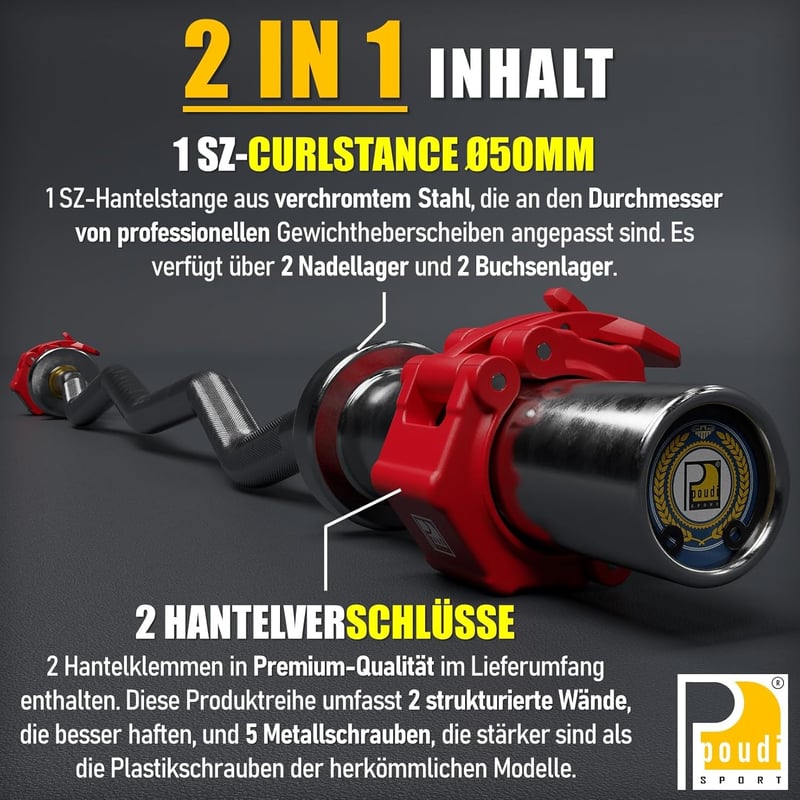 POUDI SPORT Krómozott Acél Bicepsz Rúd 120 cm - 10 kg Súlyú Edzőrúd 182 kg Terhelhetőséggel, 50 mm Átmérővel, Piros Súlyzárral