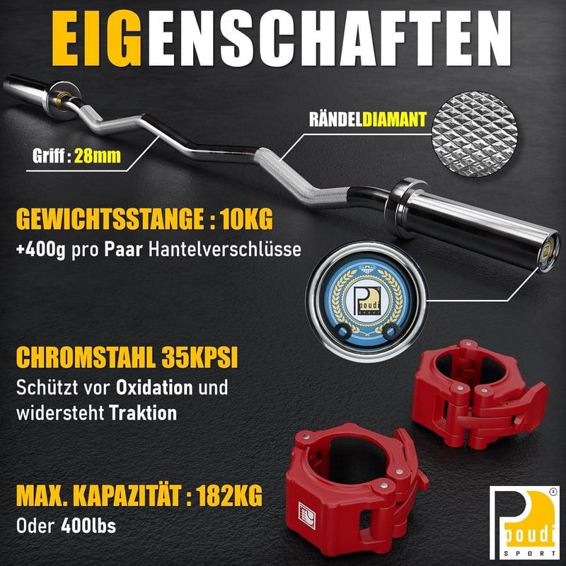 POUDI SPORT Krómozott Acél Bicepsz Rúd 120 cm - 10 kg Súlyú Edzőrúd 182 kg Terhelhetőséggel, 50 mm Átmérővel, Piros Súlyzárral