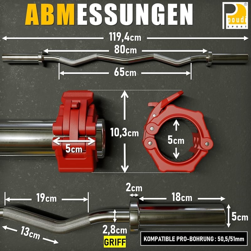 POUDI SPORT Krómozott Acél Bicepsz Rúd 120 cm - 10 kg Súlyú Edzőrúd 182 kg Terhelhetőséggel, 50 mm Átmérővel, Piros Súlyzárral