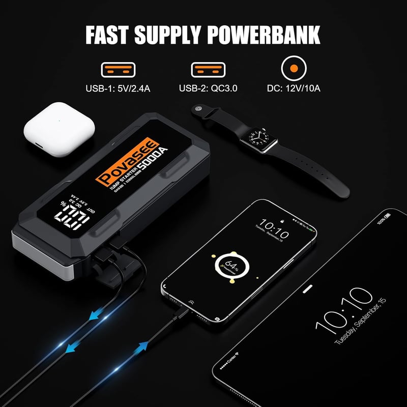 Povasee 5000A Autó Indítóakkumulátor LCD Kijelzővel és USB Portokkal