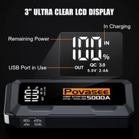Povasee 5000A Autó Indítóakkumulátor LCD Kijelzővel és USB Portokkal 5