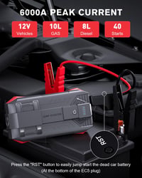 Povasee 6000A 12V autóindító power bank ugrókábelekkel, LED, 2 USB kimenet, fekete piros, benzin 10L, dízel 8L 2